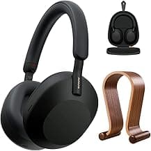 WH-1000XM5 Wireless Industry Leading Noise Canceling Headphones, Black Bundle with Deco Gear Wood Headphone Display Stand and Protective Travel Carry Case