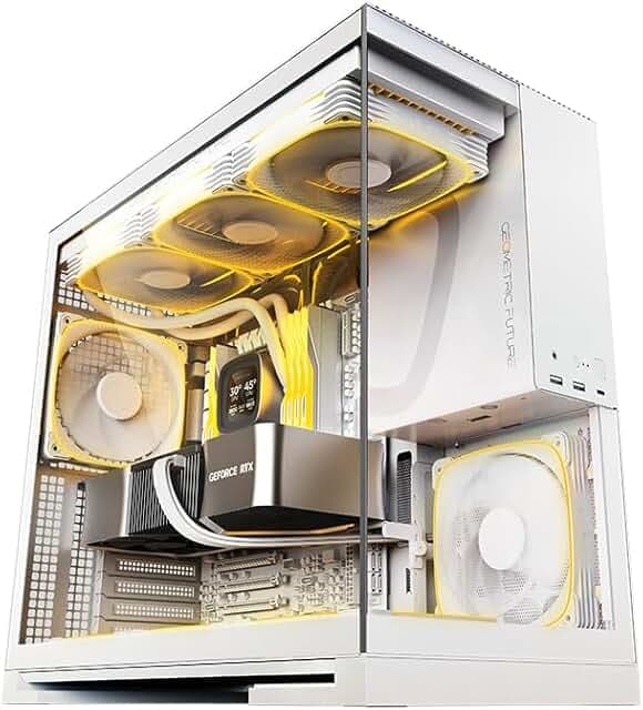 Geometric Future M5 Tempered Glass Mid Tower, E-ATX/ATX Gaming Case, 1.2mm Steel, Type C, Toolless Panels, Support 420/360 Radiator, ARGB PWM 140m Fan x 5 Pre-Installed, White, GEO-M5F-W