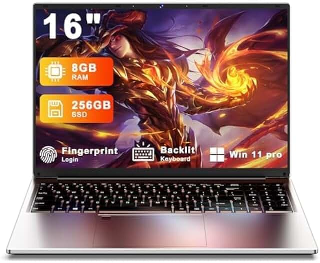 XNQ Laptop Computer, Gaming Laptop 2026, 16 Inch Lap Top PC, 8GB RAM 256GB ROM, N5105 Processor, 1920*1200 FHD IPS, 5000mAh Battery, Backlit Keyboard, Fingerprint Unlock, HDMI, Wifi5, BT4, Win 11 pro
