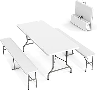 VINGLI Picnic Table Set with 2 Benches, 6 Feet Camping Table Chair Set,3-Piece Folding Furniture for Indoor or Outdoor Use, Smooth Tabletop, White