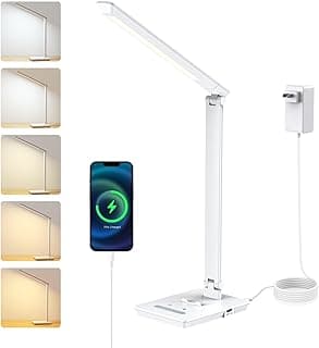 UK Plug Adapter Desk Lamp for 9 Level Brightness Touch Control & 5 Lighting Modes, 14W 900LM Dimmable Eye-Caring Reading LED Desk Light with USB Charging Port, Dimmable Home Office Desk Light