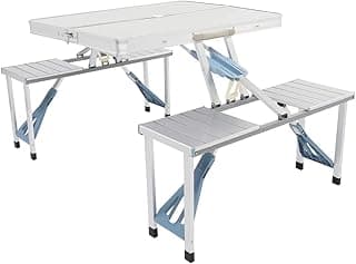Aluminum Foldable Table, Camping Picnic Folding Table with 4 Seats, Portable Lightweight Height Adjustable Camping Suitcase Table with Bench for Indoor Outdoor Travel Party BBQ