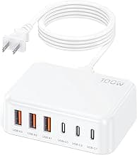 6 in 1 USB Charger, Charging Station for Multiple Devices, 100W Fast Charging Blocks with Type C Ports, USB Charging Hub Organizer Multiport Power Strip for iPhone, Ipad, Kindle, Travel Accessories