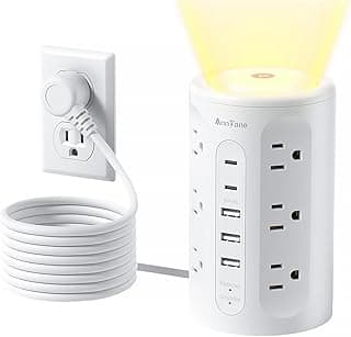 AnnTane Power Strip Tower with Night Light, 15W Surge Protector Power Strip with USB Ports, 10 FT Extension Cord with Multiple Outlets (12AC+3A+2C) for Home Office Desk DormRoom (White)