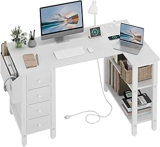 Lufeiya White L Shaped Computer Desk with Drawers & Storage Shelves, 47 Inch Corner Reversible Desk with Power Outlet for Home Office Bedroom, L-Shaped Teen PC Desks with Fabric Drawer, White