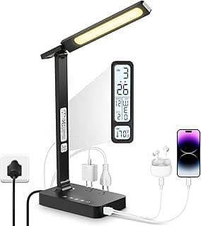 Infiway Desk Lamp with USB Charging Port: LED Stepless Dimmable Eye Caring Desk Light for Home Office - 1 Type-C, 1 USB-A Charging Port, 2 AC Power Outlets, Multiple Light Modes for Study and Bedroom