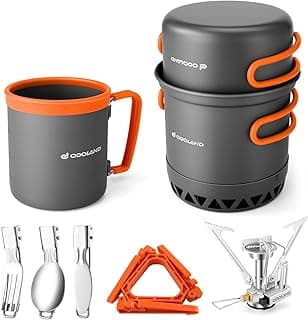 Odoland Camping Pots with Heat Exchanger Camping Cooking Set with Portable Camping Stove Camping Mess Kit Include Mug, Folding Utensil Set, Canister Stabilizer for Backpacking Outdoor Hiking & Picnic