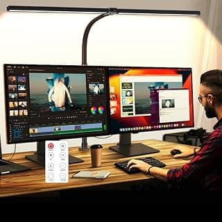 LED Desk Lamp for Office Dorm Home - Eye Caring Desk Light with Timer, Remote Control 24W Brightest Dual Screen Computer Monitor Gooseneck Dimmable Table lamp with Anti-Glare Cover Clamp