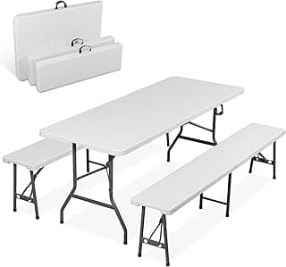 ZENY 6 Feet Picnic Table Set with 2 Benches, 3-Piece Camping Table Chair Set for Dining, Party, Garden, White