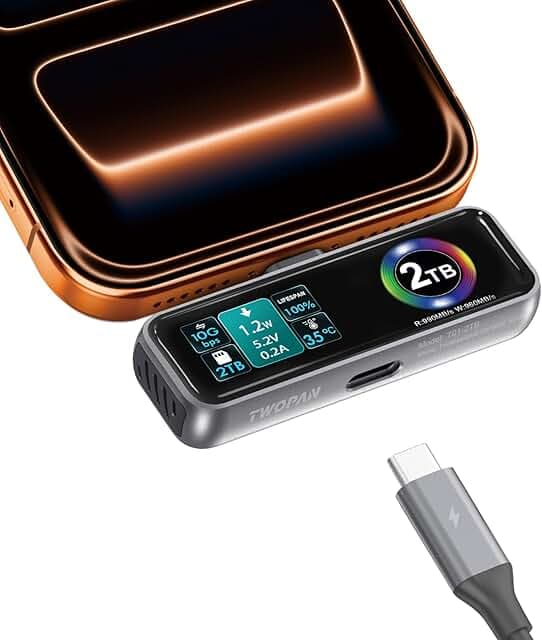 Magnetic Portable iPhone SSD for ProRes 4K 60fps Video, 2TB External Hard Drive Super Storage for iPhone 17/16/15 Pro/Pro Max, iMac/MacBook, LCD Display, USB-C PD 3.0 Port, Built-in Cooling Fan