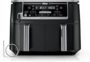 Ninja Foodi Air Fryer w/ Smart Cook Thermometer | 6-in-1 Air Fry, Roast, Bake, Dehydrate & More | DualZone™ Match Cook & Smart Finish, 2 Independent Baskets | XL 10 Qt, Stainless Steel | Black, DZ550