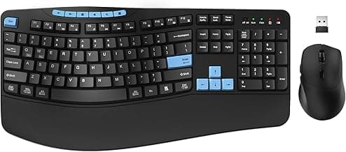 Wireless Keyboard and Mouse Combo, Ergonomic Keyboard with 6 Multimedia Keys, 2.4G Full Size Keyboard with Wrist Rest, 3-Level DPI Wireless Silent Mouse with 6-Buttons, for Windows (Blue Black)
