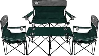 Oversized 4 Pcs Camping Chair Set with Table,Outdoor Folding Heavy Duty Lawn Chair,Cup Holder,Portable,Loveseat Chair Perfect for Family Hiking,Picnics and Beach Trips,Dark Green