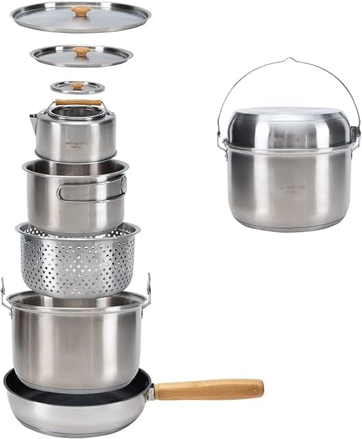 KingCamp Camping Cookware Set 304 Stainless Steel Campfire Cooking Pots Pan and Kettle with Travel Tote Bag for Camping Outdoor Kitchen Cooking Picnic for 4-6