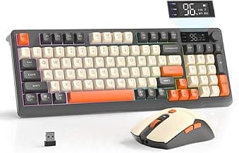 FREEWOLF T96 Smart Display Wireless Gaming Keyboard and Mouse Comb, 94Key LED Lighting Rechargeable Silent Membrane Keyboard with Knobs, 2000mAh Battery, 6-Button 4KDPI Mouse for Win/Mac(Glimmer)