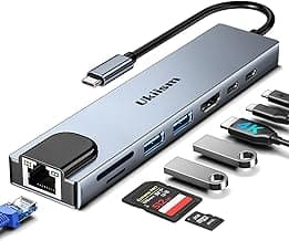 USB C Hub Ethernet HDMI Adapter, 8 in 1 Docking Station with 4K HDMI, RJ45 Ethernet, SD/TF Card Reader, USB 3.0/2.0, PD 100W, LAN USB-C Dongle for MacBook Pro/Air, iPad Pro, XPS, etc