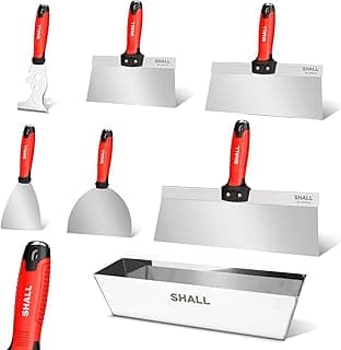 SHALL Drywall Tool Kit, 7 Pcs Stainless Steel Set Includes Putty Knife, Taping Knife, Painter Scraper Tool & 12" Mud Pan for Joint Taping, Finishing, Patching
