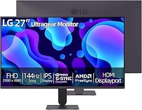LG 27 inch Ultragear Gaming Monitor, Full HD IPS Display, 144Hz Overclocked Refresh Rate, 1ms MBR, NVIDIA G-Sync Compatible, AMD FreeSync, HDR10, sRGB 99%, HDMI, DisplayPort, Tilt Adjustable, Black