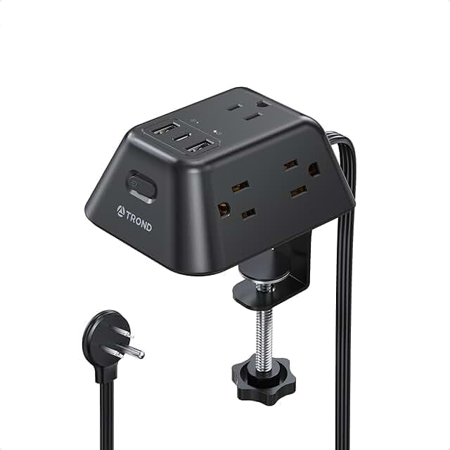 Desk Clamp Power Strip, Surge Protector with 5 AC Outlets and 3 USB Ports, Desk Mount Charging Station, Fit 1.97in Tabletop Edge Thick, 6FT Extension Cord, for Home Office Gaming Accessories, Black