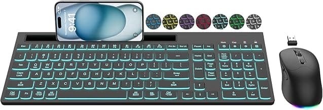 Wireless Keyboard and Mouse Combo, 7 Backlit Effects, Light Up Letters, Rechargeable, Phone Holder, 6 Button Mouse, Ergonomic Tilt Angle, 2.4GHz Silent USB Keyboard Mouse for Laptop, Computer, PC