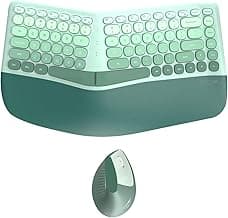 Ergonomic Wireless Keyboard and Mouse Combo with Wrist Rest, Curved Split Keys Clicky 84-Key Membrane Keyboard 6-Key Vertical Mouse Set for Win/Mac/PC/Laptop, AAA Batteries, Mint Green