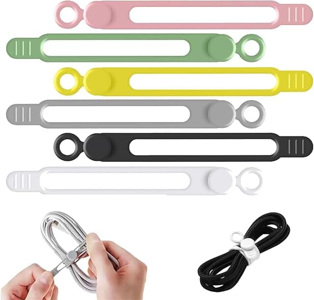 Data Cable Organizer, Elastic Reusable Silicone Cable Straps Cord Organizer for Bundling and Fastening Earphone, Phone Charger (6PCS)