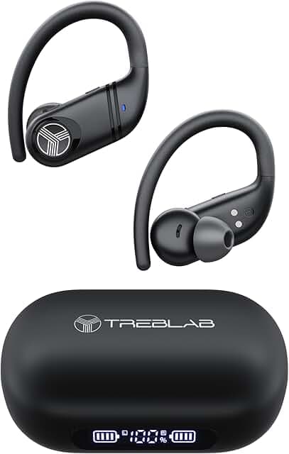 TREBLAB X4 – Waterproof Workout Headphones for Running & Gym - Silky Soft Secure Earhooks, 11H Battery, Physical Buttons, Noise Canceling Over-Ear Ear Hook Bluetooth Earbuds for Sports