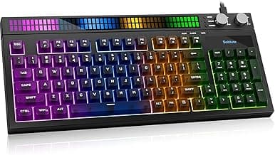 SABLUTE Quiet Gaming Keyboard with Sound-Sync RGB LED Display, 94-Key Wired PC Gaming Keyboards for Pro Gamers, Tactile Mechanical Feel, Anti-Ghosting, Volume Control Knob for PS5/Xbox/PC, Black
