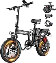 750W Folding Electric Bike, 48V 20AH Removable Battery, 20-25MPH, 14''x 2.1'' Tire, 25-35miles PAS, Front/Full Suspension, 200lbs Load Ebike for Adult, Adult Electric Bicycles for Commute