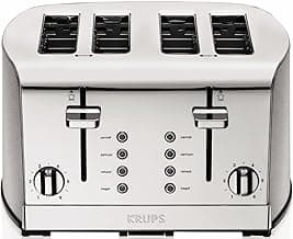 KRUPS: Breakfast Set Stainless Steel Toaster 4 Slice 1500 Watts 6 Brown Settings, Defrost, Reheat, High Lift Lever Silver, Matte and Chrome