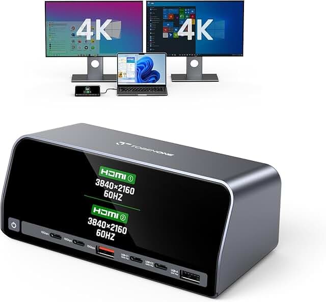 TobenONE Docking Station, 13-in-1 Laptop Docking Station Dual 4K Monitor with HDMI, 100W PD Ports, 10Gbps USB A/C, LCD Smart Display, Gigabit Ethernet, 160W Max Output for Dell, HP, Lenovo and More