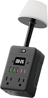 Lamp & Power Strip with Digital Clock, 4 Outlets 5 USB Ports (2 USB C), Dimmable Nightstand Light with 3 Color Temperatures, Multi-Functional Wall Outlet Extender for Bedroom, Dorm, Office, Black