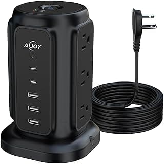 AiJoy Tower Surge Protector Power Strip, 14-Device Charging Station with 9 AC Outlets & 5 USB (2 USB-C), 1200J Surge Protection, 6.5FT Flat Plug Extension Cord, Wide-Spaced Outlets, Individual Switch