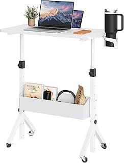 ErGear Mobile Standing Desk with Wheels, Adjustable Height 28.3″ to 46.3″, Rolling Laptop Cart with Cup Holder, Storage Basket, Computer & Pen Slot, Home Office Stand Up Desk, White (31.5″ x 15.75″)