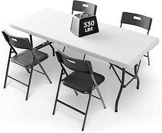 6FT Folding Table Set with 4 Chairs – Heavy-Duty 330 lb Table & 330 lb Chairs, Portable Foldable Furniture Set for Camping, Parties, Indoor & Outdoor Use