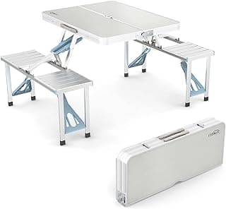 VINGLI 4Ft Folding Camping Picnic Table with Seats/Umbrella Hole-265 Lbs Support That Lightweight and Fold Up Card Suitcase Table Aluminum Alloy Frame, RV Tabletop with Soft Handl