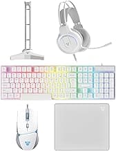 FANTECH 5 in-1 Gaming Keyboard and Mouse Combo, Rainbow LED Backlit Wired Keyboard, Headset and Headphone Stand Gaming Mouse Pad,Wired Mice, for,PC,Laptop,Xbox White