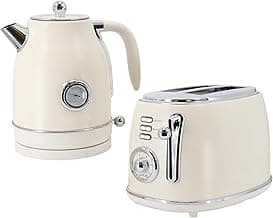 1.8 Quart Electric Tea Kettle and 2 Slice Toaster Combo, Matte Cream, Retro Kitchen Appliance Set with Adjustable Browning and Water Temperature Gauge