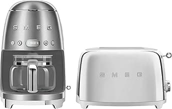 Smeg DCF02 10-Cup Drip Coffee Maker & TSF01 2-Slice Toaster Set, Programmable Coffee Machine with Auto Start, Retro Style Toaster with Browning Control, Breakfast Bundle (Stainless Steel)