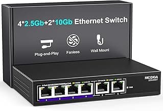 10Gbe Ethernet Switch Unmanaged with 2 x 10Gb RJ45 Ports ➕ 4 x 2.5Gb Base-T Ports, Desktop/Wall Mount NICGIGA 6 Port 10Gbps Network Switch for Wireless AP, NAS, PC