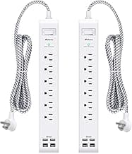 2 Pack Power Strip Surge Protector, 6 Outlets 4 USB Ports (2 USB C) 5Ft Long Extension Cords, Flat Plug Overload Protection Outlet Strip, Wall Mount for Home, Office and Dorm Essential, ETL Listed