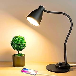 BOHON LED Desk Lamp with USB Charging Port 3 Color Modes Dimmable Reading Light Intelligent Induction Auto Dimming Task Lamp Neck Flexible Table Lamp for Bedside Office, AC Adapter Include