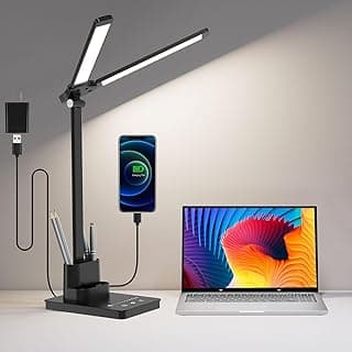 Semlos LED Desk Lamp for Home Office, 10W Desk Light with Adjustable 3000K-6500K, 45-Min Timer, Reading Mode, Touch Control, Removable Pen Holder, Includes Charger & Cable, ABS & Aluminum, Black