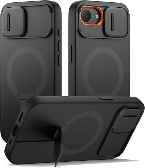 SURITCH for iPhone 17e/16e Case with Magnetic Camera Slide Cover and Adjustable Kickstand, Compatible with MagSafe, Shockproof Bumper Case Slim Protective Cover 6.1 Inch,Black