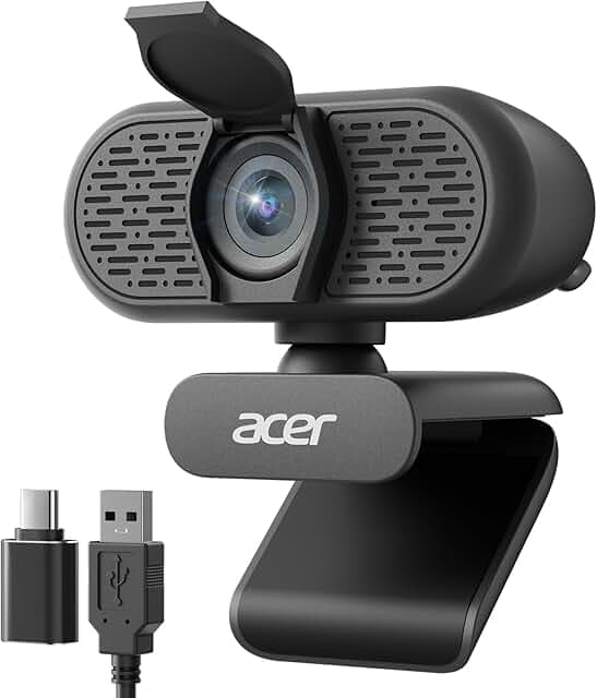 acer 1080p Webcam USB Plug and Play Webcam for PC with Noise Cancellation Microphones Computer Camera for Desktop Streaming Gaming Online Meeting Wide Angle Privacy Cover A-to-C Adapter Easy Setup