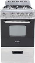 Avanti Gas Range Oven, Compact Freestanding Design, 4 Sealed Burners with Electronic Ignition, 2.1 Cu.Ft. Capacity Features Storage Drawer Broiler and Accessories, 20-Inch, Black