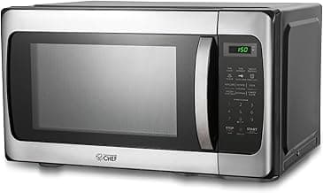 COMMERCIAL CHEF 1.1 Cu Ft Microwave with 10 Power Levels, Microwave 1000W with Push Button Door Lock, Countertop Microwave with Turntable and Digital Controls, Stainless Steel