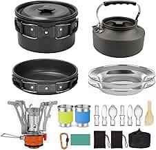 Camping Cookware Camping Cooking Set, Non-Stick Pots and Pans with Kettle, 2 Stainless Steel Plates, 2 Water Cups, 2 Sets of Knives and Forks, Spatula, Dish Towel, Backpack Storage Bag