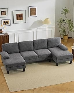 Karl home 110" U-Shape Sectional Couches for Living Room Chenille Upholstery 4 Seat Sofa Set with Double Chaises & Wood Grain Legs for Apartment, Dark Grey