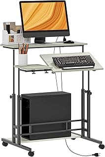HOMCOM Height Adjustable Standing Desk with Power Outlets, Stand Up Desk with Tiltable Tabletop, Lockable Wheels, Bottom Shelf, Rolling Workstation for Home Office, Oak